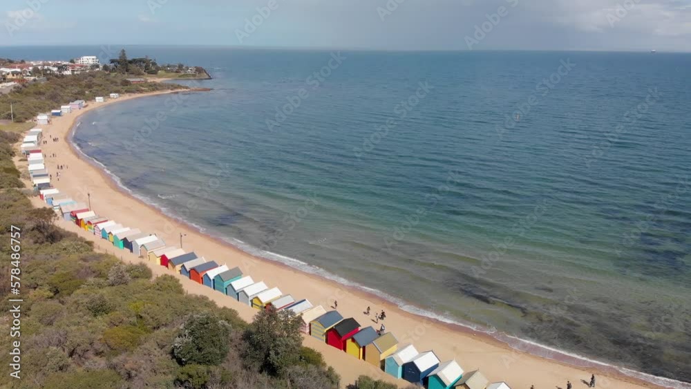 Aerial view of Brighton Beach colorful beach boxes, Australia Aerial view of Brighton Beach colorful beach boxes, Australia