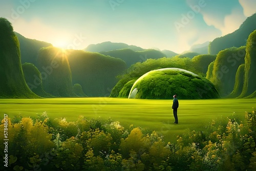 Man Standing And Looking At A Giant Overgrown Ring In A Lush Field, Digital Art Atyle. Generative AI photo