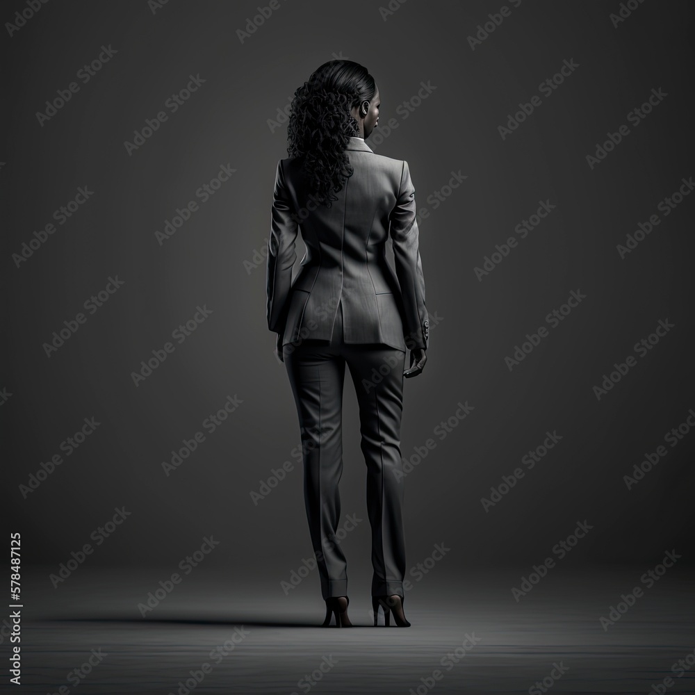 Back view of a businesswoman in a suit on a dark background, generative ai