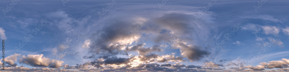 evening sky with cumulus clouds as seamless hdri 360 panorama with zenith in spherical equirectangular projection may use for sky dome replacement in 3d graphics,  game development and edit drone shot