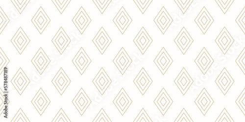 Vector golden minimalist geometric texture. Simple seamless pattern with outline diamonds, rhombuses, thin lines. Abstract gold and white graphic ornament. Luxury minimal background. Repeat design