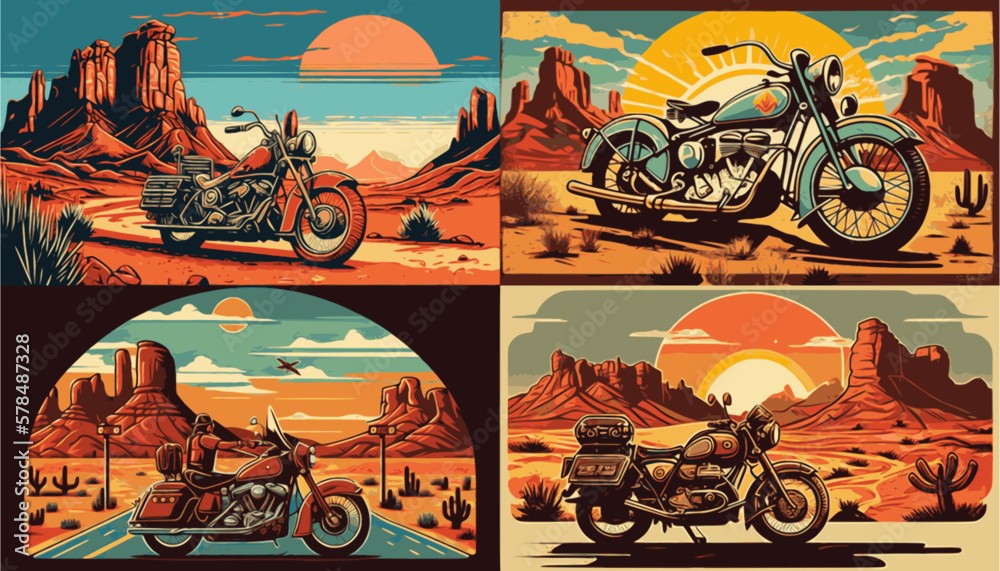 Exploring the Desert on a Vintage Motorcycle  - obrazy, fototapety, plakaty 