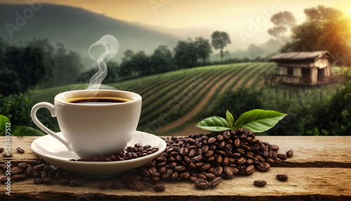 Cup of hot delicious coffee and coffee beans on background of picturesque coffee plantation. Copy space. Based on Generative AI
