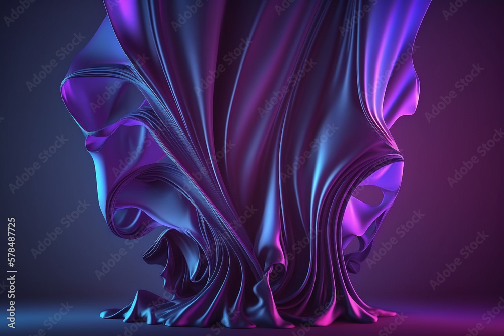 3d render, abstract neon background with curvy layers and folds. Drapery waving and fluttering. Modern ultraviolet wallpaper