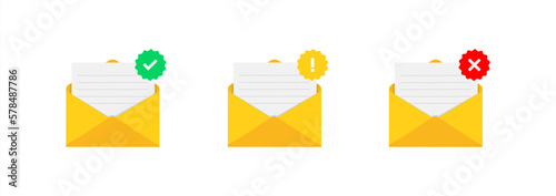 Envelopes with document and round green check mark icon. Successful e-mail delivery, email delivery confirmation, successful verification concepts. Modern flat illustration design icon 10 eps