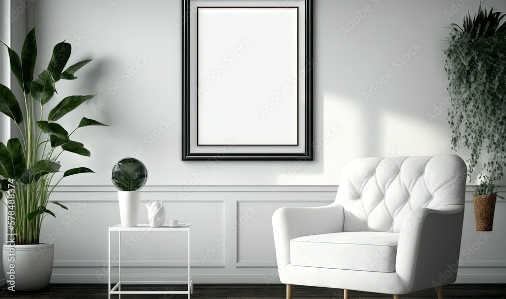 a white chair sitting in a room next to a potted plant and a picture frame on the wall above it with a plant in the corner. generative ai a white chair sitting in a room next to a potted plant and a picture frame on the wall above it with a plant in the corner. generative ai