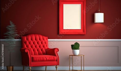  a red chair sitting next to a red wall with a mirror and a potted plant on a small table in front of a red wall.  generative ai