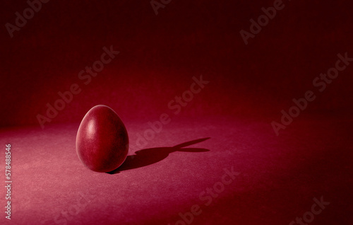 Photography easter egg with rabbit-shadow on abstract red background, concept art for greeti