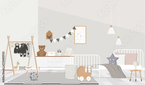 Illustration natural, kids bedroom interior with wooden furniture, designer accessories and posters on a white wall.