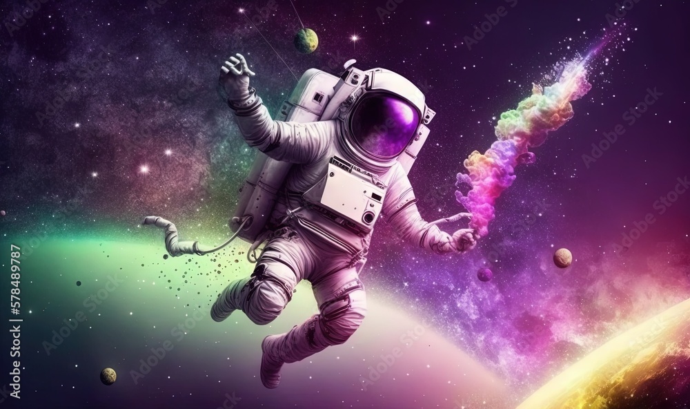 an astronaut floating in space with planets and stars in the background, with a rainbow colored sky and stars in the foreground, and a distant planet in the foreground. generative ai an astronaut floating in space with planets and stars in the background, with a rainbow colored sky and stars in the foreground, and a distant planet in the foreground. generative ai