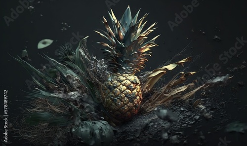  a pineapple is sitting on top of a pile of dirt and grass with drops of water on it and a black background with a black background.  generative ai