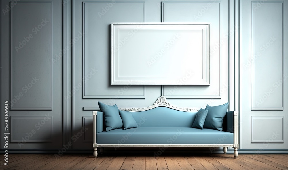  a blue couch sitting in front of a white framed picture on the wall of a room with wooden floors and a wooden floor with a wooden floor.  generative ai