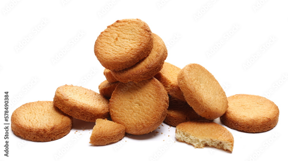 Shortbread biscuits pile, breton style, close up tea pastry with butter isolated on white Shortbread biscuits pile, breton style, close up tea pastry with butter isolated on white