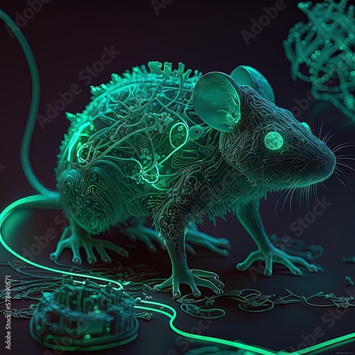 Spooky transgenic mouse, chimera, with green fluorescence under UV lamp illumination. Imaginary laboratory creature, AI generative