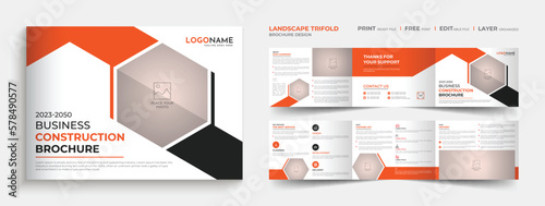 Landscape trifold construction company brochure design template layout