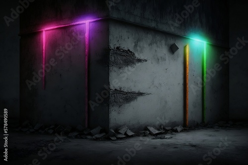 Industrial Glow: Neon Light Against Dark Cement Wall. Generative AI