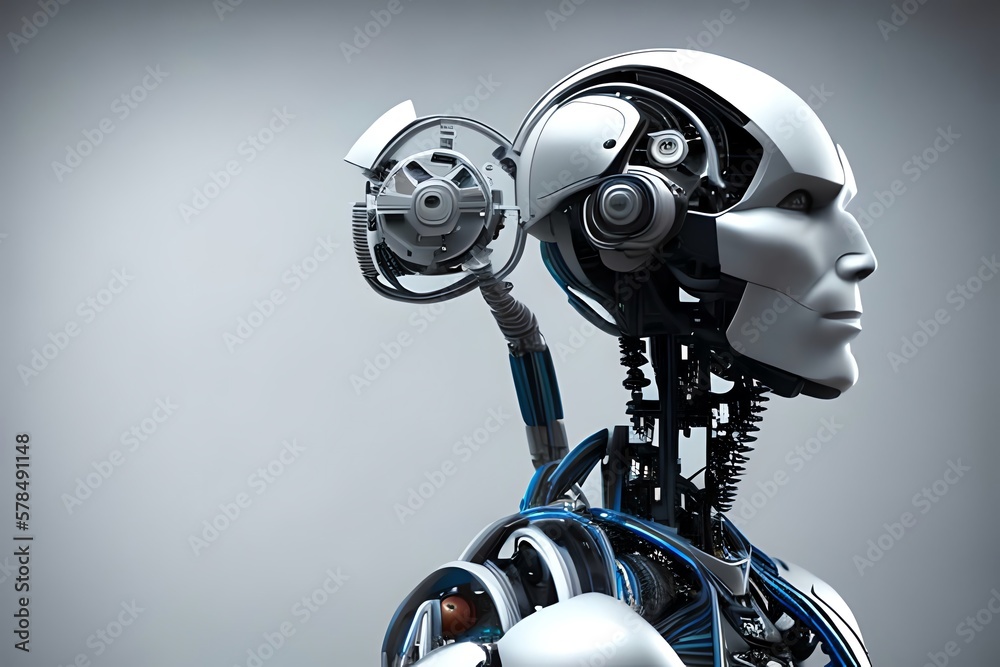 A Humanoid Android With Artificial Intelligence Parts Or A Technological Upgrade As Human Evolution, Mechanical Body Parts, Trendy White Clean Style. Generative AI A Humanoid Android With Artificial Intelligence Parts Or A Technological Upgrade As Human Evolution, Mechanical Body Parts, Trendy White Clean Style. Generative AI