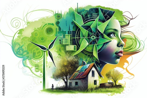 illustration, green energy, renewable resources, head on white background