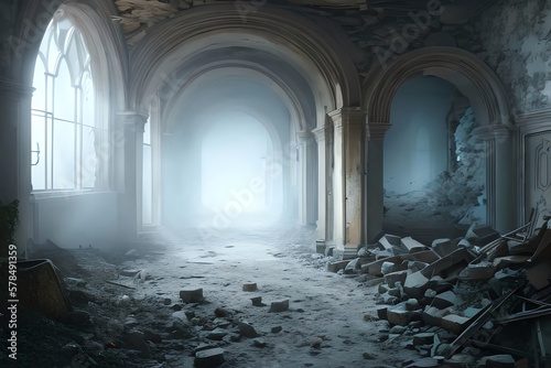 A Spooky Corridor Filled With Supernatural Fog And Rubble In The Abandoned Haunted House. Illustration. Generative AI