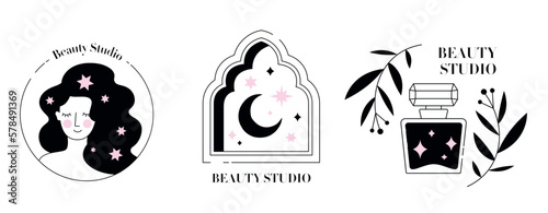 Logo boho style. Mysticism and esotericism, magic and sorcery. Beauty studio and spa procedures, hygiene and skincare, routine. Cartoon flat vector illustrations isolated on white background