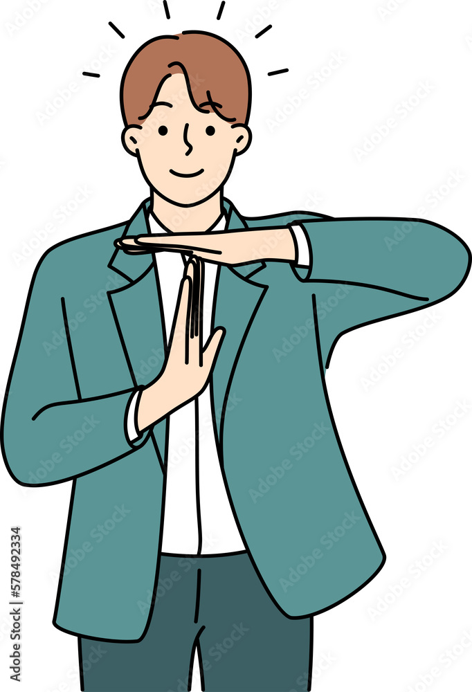 Smiling man show stop hand gesture Smiling man show stop hand gesture