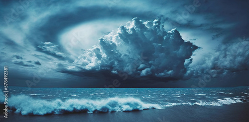 Sea horizon under a blue sky with storm clouds. Generative AI