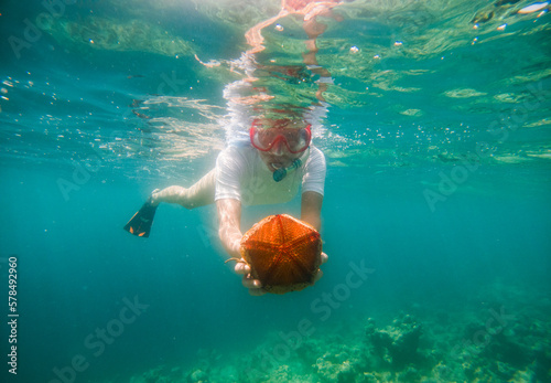 snorkeling woman holding starfish underwater © Melinda Nagy