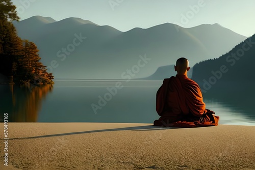 Buddhist Monk Meditates Near A Lake. Artwork. Generative AI