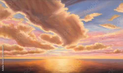  a painting of a sunset over a body of water with clouds.  generative ai © Olga