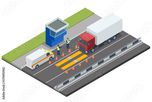 Isometric loaded trailer truck on weighbridge. Weighing control platform. Container car on the weighing scale. Cargo transport, Truck trailer with container.