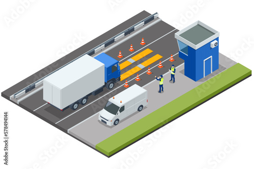 Isometric loaded trailer truck on weighbridge. Weighing control platform. Container car on the weighing scale. Cargo transport, Truck trailer with container.