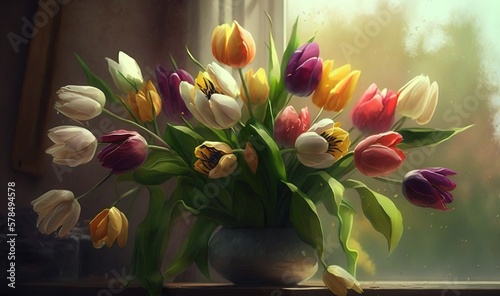  a vase filled with lots of colorful tulips sitting on a window sill next to a window sill with a window behind it. generative ai