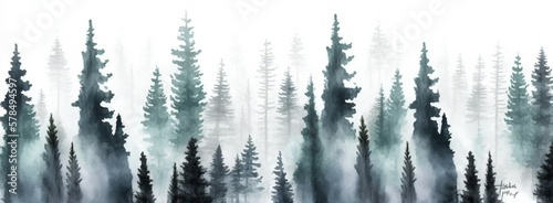 Pine trees in mist, Spruce forest, watercolor illustration white background, Generative AI 