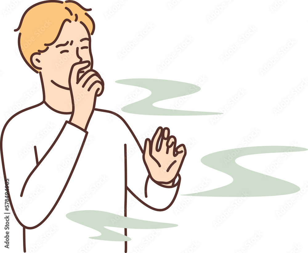 Αυτοκόλλητο Man covers nose so as not to smell unpleasant smell from harmful production
