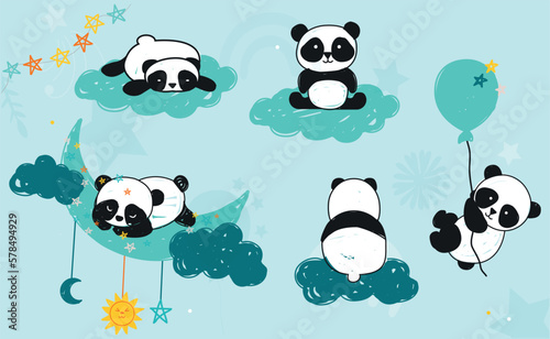 Fototapeta Naklejka Na Ścianę i Meble -  Panda card set. Collection of stickers for social networks. Cute animal sleeping on cloud and crescent. Asian bear with air balloons. Cartoon flat vector illustrations isolated on blue background