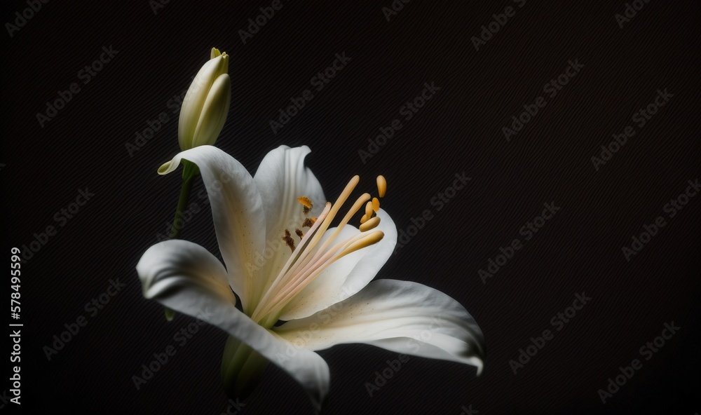  a white flower with yellow stamens on a black background with a black background and a white flower with yellow stamens on a black background.  generative ai