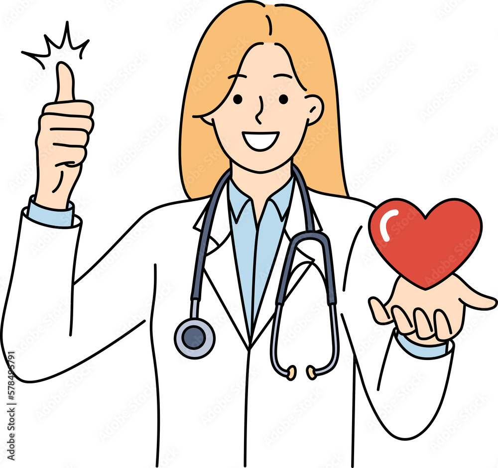 Woman doctor from in hospital with heart in hand smiling and showing thumb up Woman doctor from in hospital with heart in hand smiling and showing thumb up