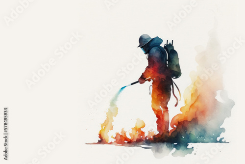 Watercolor firefighter with flames around, Generative AI