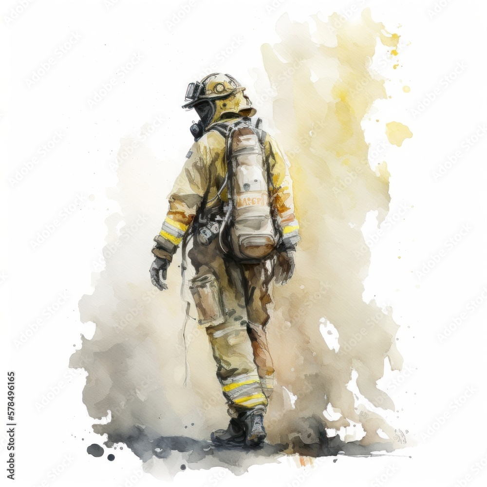 Watercolor design art of a firefighter, Generative AI Watercolor design art of a firefighter, Generative AI
