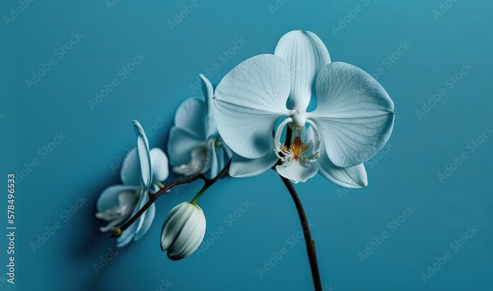  a white flower is on a blue background with a white stem and white flowers are in the foreground, and a blue background is in the background.  generative ai - obrazy, fototapety, plakaty 