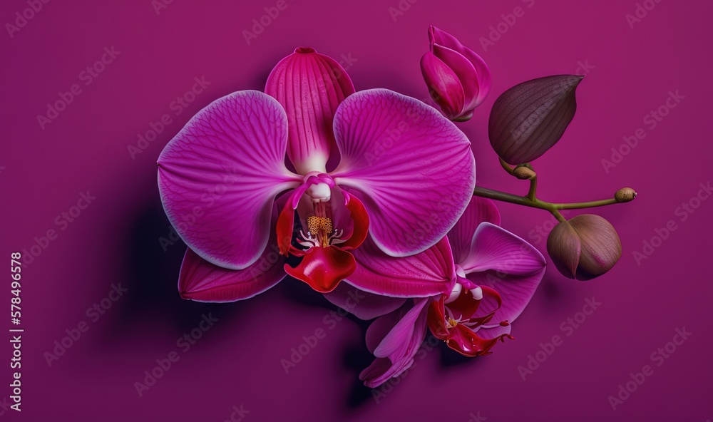 Fototapeta premium a purple flower with a red center on a purple background with a green stem in the middle of the flower and a red center on the end of the flower. generative ai