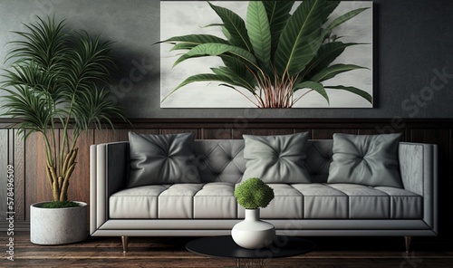  a living room with a couch and a plant in a vase on the floor and a painting on the wall behind it with a green plant in the corner. generative ai