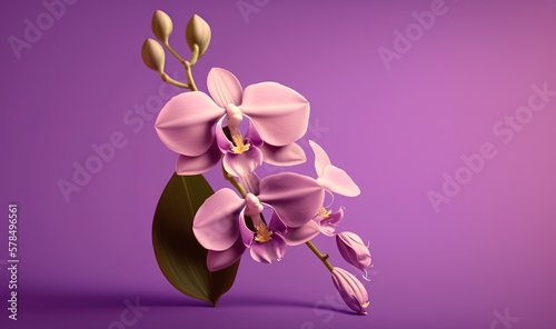  a purple flower with a green stem on a purple background with a shadow of the flower on the right side of the frame, and a green stem on the left side of the.  generative ai
