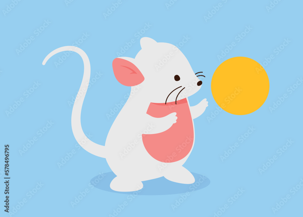 Mouse with ball. Adorable rodent playing with yellow sphere. Design element for greeting and invitation postcard. Template, layout and mock up. Cartoon flat vector illustration Mouse with ball. Adorable rodent playing with yellow sphere. Design element for greeting and invitation postcard. Template, layout and mock up. Cartoon flat vector illustration