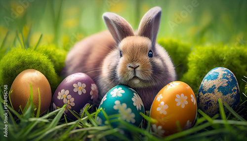 happy easter, colorful easter eggs decorated with easter bunnies generated by AI photo