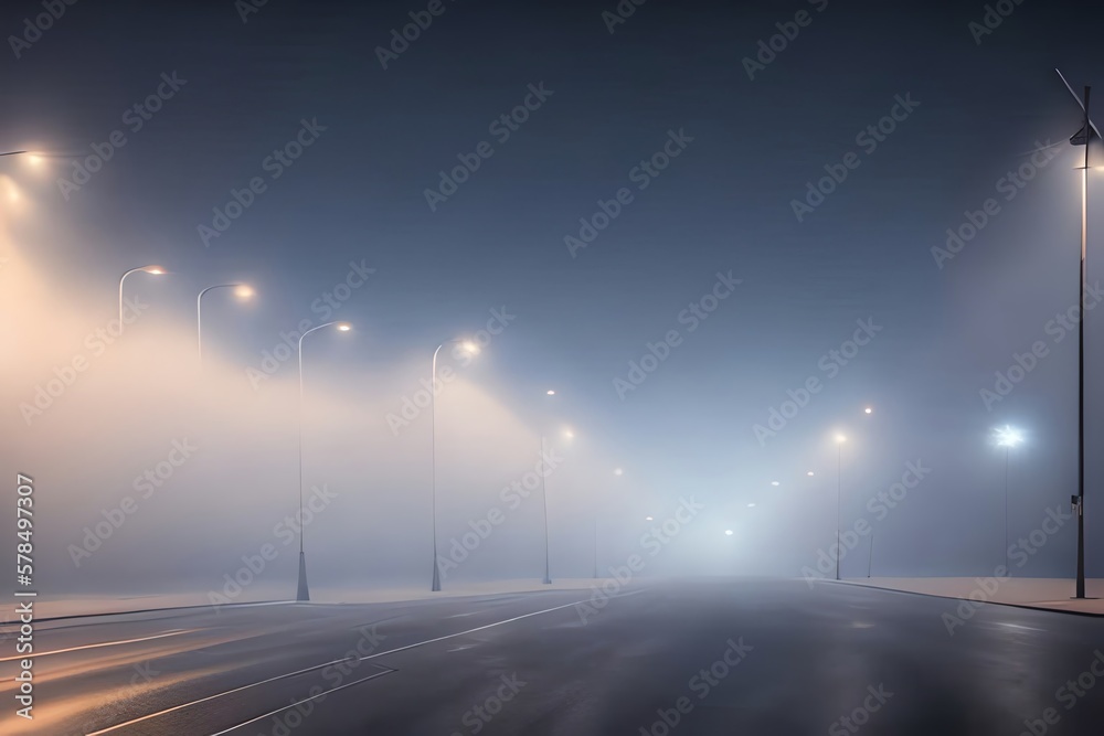 Dark Street With Fog In Night. Generative AI