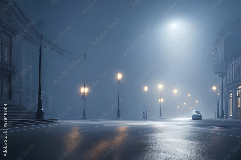Dark Street With Fog In Night. Generative AI