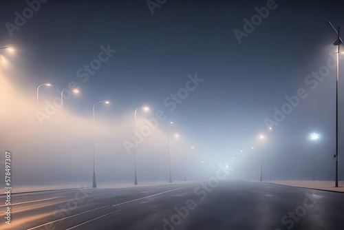 Dark Street With Fog In Night. Generative AI