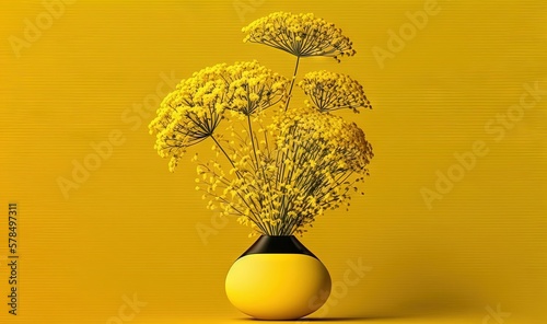  a yellow vase with flowers in it on a yellow background with a yellow background and a black vase with flowers in it on a yellow background.  generative ai