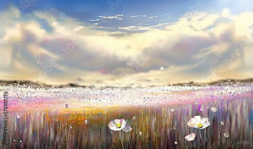  a painting of a field with flowers and clouds in the sky and a blue sky with white clouds and a few white flowers in the foreground. generative ai